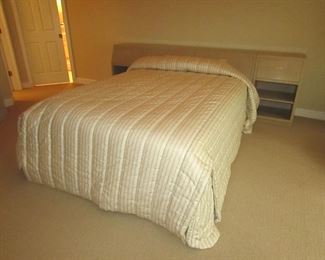 Item 26: Henredon queen bed with (2) matching night stands that fit against the sides of the headboard. Storage inside the headboard. Headboard alone measures 64” wide x 18” deep x 34” tall. Each flush fitting night stand measures 22” wide. Overall length of headboard with nightstands is 9’. PRICE: $750.00