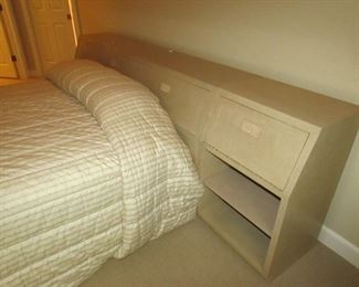 Item 26: Henredon queen bed with (2) matching night stands that fit against the sides of the headboard. Storage inside the headboard. Headboard alone measures 64” wide x 18” deep x 34” tall. Each flush fitting night stand measures 22” wide. Overall length of headboard with nightstands is 9’. PRICE: $750.00