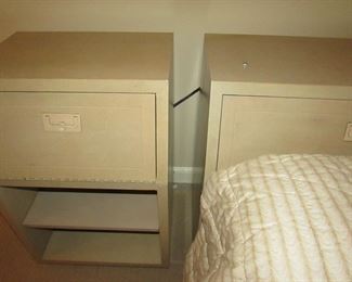 Item 26: Henredon queen bed with (2) matching night stands that fit against the sides of the headboard. Storage inside the headboard. Headboard alone measures 64” wide x 18” deep x 34” tall. Each flush fitting night stand measures 22” wide. Overall length of headboard with nightstands is 9’. PRICE: $750.00