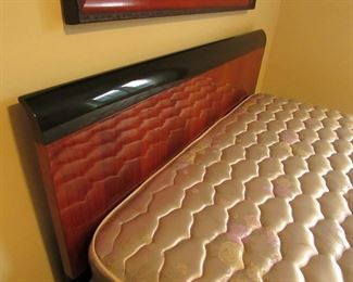 Item 36: Henredon queen bed with clean and rarely used mattress and box spring. Headboard measures 61.5” wide x 39” tall. PRICE: $650.00