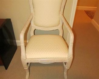Item 38: Andre Originals armchair with blonde wood and whitewash finish and custom upholstery. 21.5” wide x 42” tall x 19” deep. PRICE: $150.00