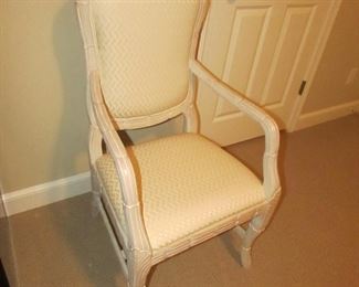 Item 38: Andre Originals armchair with blonde wood and whitewash finish and custom upholstery. 21.5” wide x 42” tall x 19” deep. PRICE: $150.00