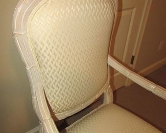 Item 38: Andre Originals armchair with blonde wood and whitewash finish and custom upholstery. 21.5” wide x 42” tall x 19” deep. PRICE: $150.00