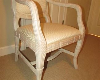 Item 38: Andre Originals armchair with blonde wood and whitewash finish and custom upholstery. 21.5” wide x 42” tall x 19” deep. PRICE: $150.00