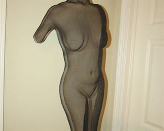 Item 39: Randy Cooper original signed mesh wire sculpture. “Kimberleigh.” On stand. 61” tall (with stand) x 16” wide (at widest point). Body of sculpture measures 34” tall (without stand). PRICE: $750.00