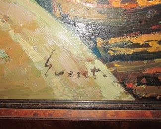 Item 46: Original oil on canvas painting of a harbor scene. Signed “Everet.” Framed in a quality burled wooden frame by Creative Framing/Lazar’s Art Gallery. Framed dimensions are 43.5” high x 31.25” wide. PRICE: $1,200.00