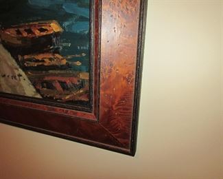 Item 46: Original oil on canvas painting of a harbor scene. Signed “Everet.” Framed in a quality burled wooden frame by Creative Framing/Lazar’s Art Gallery. Framed dimensions are 43.5” high x 31.25” wide. PRICE: $1,200.00