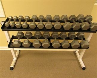 Item 49: Body Solid weight stand with 20 hex weights. Weights range from 5 lbs to 50 lbs. Weight stand is 5’ wide x 41” tall. PRICE: $550.00