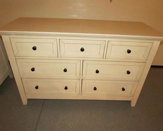 Item 56: “Walter of Wabash” white distressed and painted 7-drawer dresser with dovetailed drawers. 52” wide x 33” tall x 19” deep. PRICE: $325.00