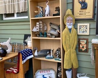 Assortment of Nautical Decor, Model Boats, Wood Carved Mallards, Blown Glass Float, Wood Carved Sea Captain