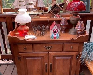 Victorian Lamp with Red Glass and Bronze Base, Art Deco Red and White Oil Lamp, Italian Model Boat, 1950's Maple Dry Sink