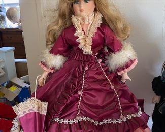 Victorian Dressed Porcelain Doll with Parasol, Pink and Maroon Dress