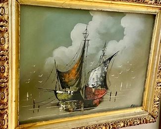 Gold Tone Ornate Framed Oil Painting of Sail Boat
