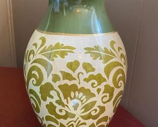 Green Ceramic Vase with Floral Design