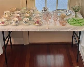 several nice cups and saucers and depression glass