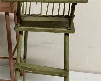 Antique Green Wooden Doll High Chair