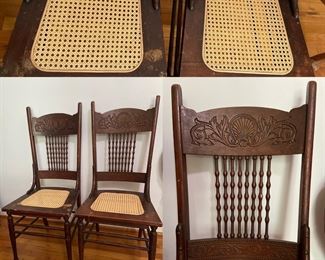 Pair Vintage Pressed Back Cane Seated Chairs