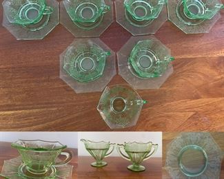 Green Depression Glass Set 6 Cups & Saucers W/1 extra cup Salad Plate, Cream & Sugar