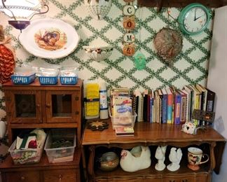 Childs handmade Hoosier, cookbook and chicken figurines 