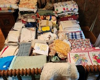 Quilts, Blankets, tablecloths, vintage dollies, towels....