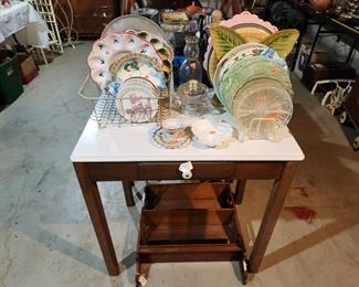 Dishes and enamel top table