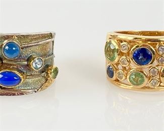 19 Grams Fine Sterling Silver & Gilt Multi Gemstone Rings Sizes 8.5 & 8

