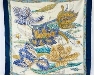 Salvatore Ferragamo Peacock Leaf Flower Silk Scarf
