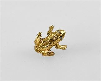 Small 14K Yellow Gold Frog Pin W/ Diamond Eyes
