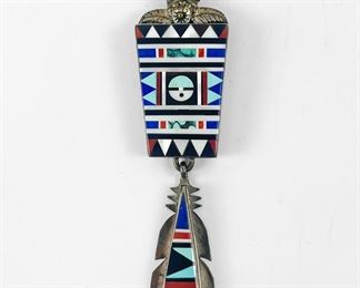 Large Zuni Native American R&L VACIT Channel Set Turquoise MOP Lapis Lazuli & Coral Pendant Statement Necklace
