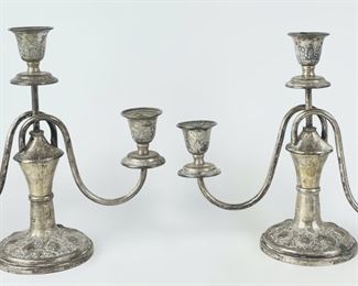 Pair Of Antique Persian Etched Silver Tone Candelabras
