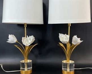 Pair ELEGANT CHESEA HOUSE GILT PORCELAIN TULIP PAIR OF LAMPS Hollywood Regency Style

