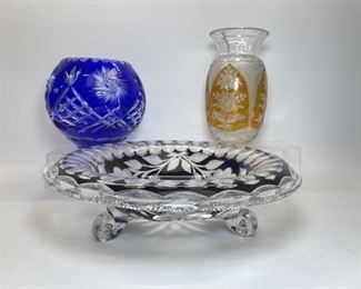Antique English Ruby Red Tri Footed Cut Crystal Center Piece Bowl & Polish hand cut Lead crystal with cut to CLEAR CRYSTAL Cobalt Blue Star Pinwheel bowl vase
