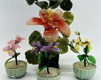 VINTAGE Asian SOAPSTONE and Glass BONSAI STYLE DECORATIVE PLANTS
