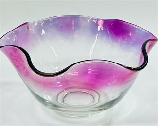 Vintage Iridescent Purple Ombre Clear Glass Ruffled Bowl
