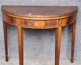 Antique Inlaid Walnut Flip Top Demi Lune Gate Leg Table
