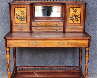 Fantastic Antique Walnut Writing Desk with Painted Birds

