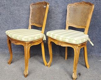 Antique Carved Fruit Wood Rattan Side Chairs
