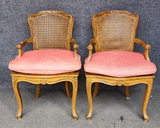 Pair Antique Carved Fruitwood Rattan Arm Chairs
