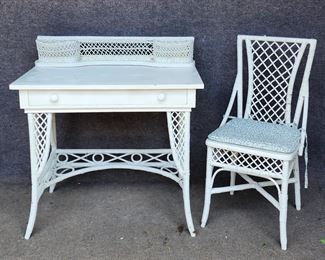 Vintage Wrapped Wicker & Wood Single Drawer Writing Desk/Vanity & Chair
