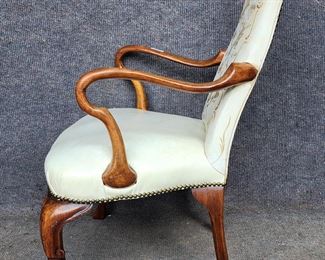 Antique Chinoiserie Painted Seat Back Leather Arm Chair Brass Tack Trim
