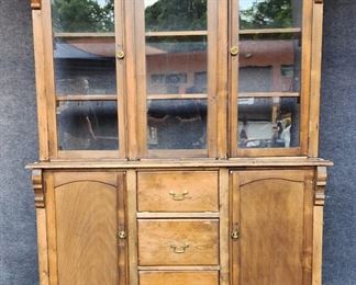 Antique Stained Pine Step Back Cupboard 2 Pieces

