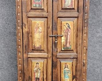 Vintage Pine Stained Raised Panel 2 Door Tall Cabinet with Painted Figures
