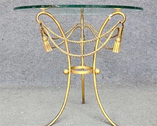Vintage 1960s Italian Hollywood Regency Gold Gilt Metal Glass Top Accent Round End side Table
