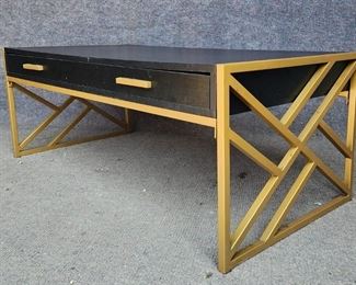 Metal & Wood Hollywood Regency style Black Lacquer 2 Drawer Coffee Table
