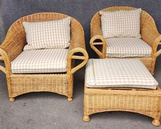 Vintage 3 Piece Rattan set pair Lounge Chairs & one Ottoman
