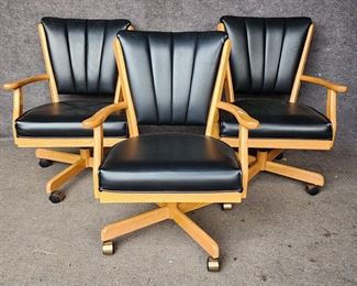 3 Mid Century Modern Style Leather and Wood Swivel Chairs
