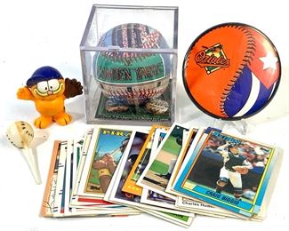 Baltimore Orioles Camden Yards Baseball & Button With Late 80s-Early 90s Topps, Upper Decl, & Fleer Baseball Cards

