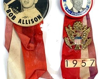 Vintage Bob Allison Washington Senators Baseball Button & 1957 Peace & Prosperity With Eisenhower Political Button
