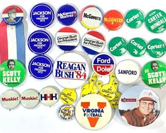 70s & 80s Ford-Dole, George McGovern, Jackson for President 1972, Carter-Mondale, Reagan-Bush 84, Muskie!, George Bush for President, Scott Kelly For Governor, Douglas MacArthur, and More Political Buttons
