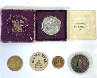 1951 Festival of Britain Commemorative 5 Shillings Coin With 1939 Worlds Fair Token and Other Assorted Collectors Tokens
